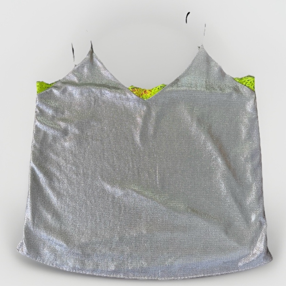 Vilagallo Silver Metallic Cami with Neon Green Lace Trim